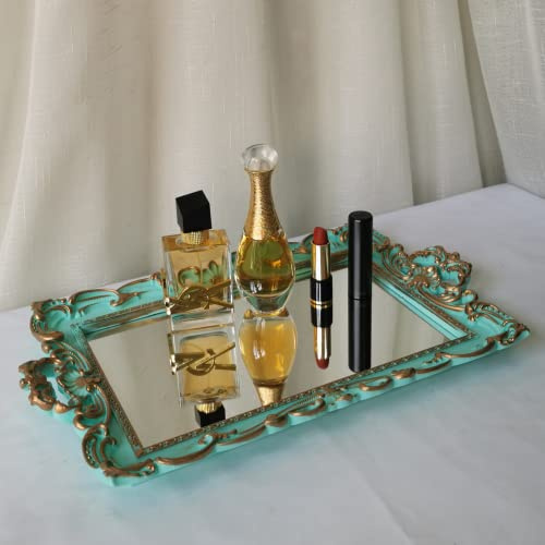 Yamfurga Vassoio rettangolare con specchio decorativo, stile francese, organizer per trucchi, organizer per gioielli, vassoio da portata, 20,8 x 32,8 cm, blu dorato