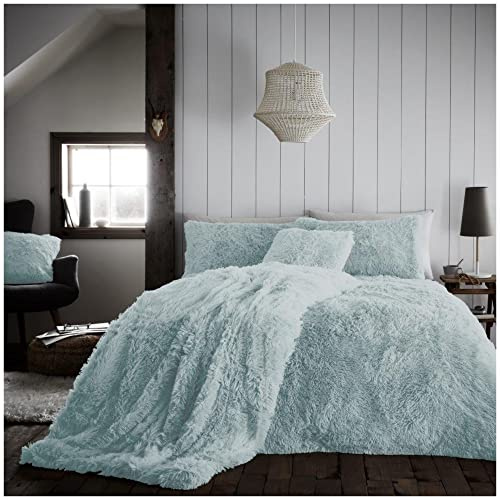 VELVETIO Teddy Bear Hug and Snug Duvet Set & Pillowcases, Fluffy Fur Fleece Bedding Quilt Cover, Super Soft Cuddle Sherpa warm Comforter Bedset, 3Pc Double Size Duvets, Duck Egg