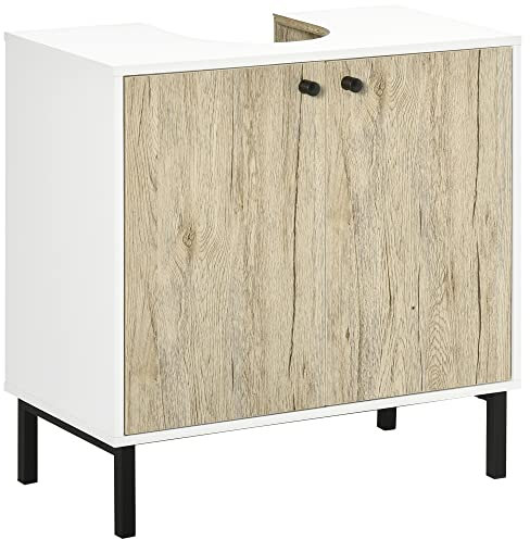 kleankin Meuble sous lavabo Meuble de Salle de Bain Armoire de Rangement pour Vasque Moderne piètement en métal Double Porte 60 x 30 x 60 cm - Blanc et Couleur Bois