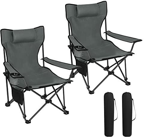 WOLTU Campingstuhl Klappstuhl 2er Set, Faltstuhl Anglerstuhl faltbar für Outdoor, Camping, bis 150 kg belastbar mit Armlehnen und Getränkehalter Grau
