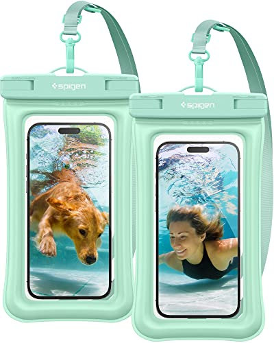 Spigen wasserdichte Handyhülle [Aqua Shield] [2 Stick] IPX8 wasserfeste Handytasche Unterwasser Hülle kompatibel mit iPhone 16/15/14/13 Serien, Galaxy S25/S24/S23 und Allen Smartphones - Mint
