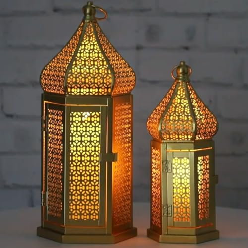 Large Golden Tower Temple Moroccan Lantern Lamp Decorative Candle Holders for Ramadan Decorations, Hanging, Outdoor Patio or Porch, Indoor Home Decor, Gold, Set of 2