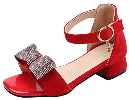 Momolaa CHILDRENS GIRLS KIDS MID LOW HIGH HEEL CLEARANCE,Little/Big Girls Ankle Strap Pump Diamante Sandals Dress Shoes Glitter Heeled Shoe Prom Party Court Shoes 11 Style 1#Red