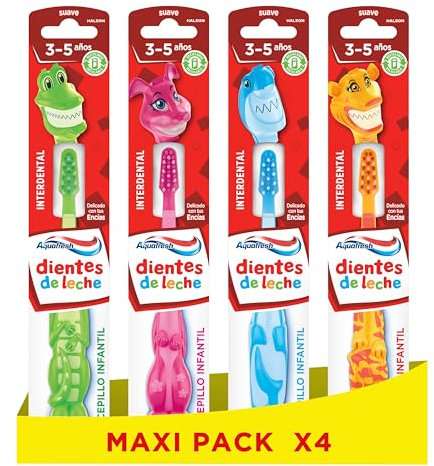 Aquafresh Piccoli Denti, Spazzolino da denti per bambini con denti da latte, per bambini da 3 a 5 anni, morbido per le gengive, confezione da 4 unità (inviate in modo casuale)