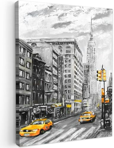 MuchoWow© Impression sur Toile Decoration Murale Peinture 30x40 cm Tableaux Art Décoratif Muraux Décoration Chambre New York - Peinture à l'huile - Ville - Jaune - Voiture