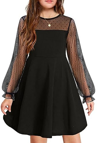 Arshiner Girls Dresses Puff Sleeves Party Dress Casual Long Sleeve Dress Round Neck Festive Dresses for Children Black 160 12-13 Years
