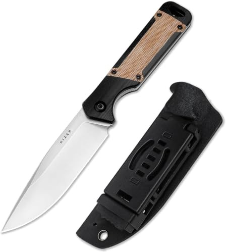 Kizer Militaw Couteaux à Lame Fixe, Couteau de Camping Nitro V Lame avec Poignée G10 & Micarta, Couteau de EDC et de Randonnée en Plein Air pour La Survie 1067A2
