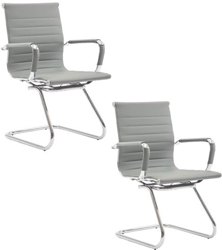chairus Freischwinger Stühle 2er Set, PU-Leder Besucherstuhl Konferenzstuhl Ergonomisch mit Armlehnen, Bürostühle Konferenz-Raum/Wartezimmer/Büro,Grau