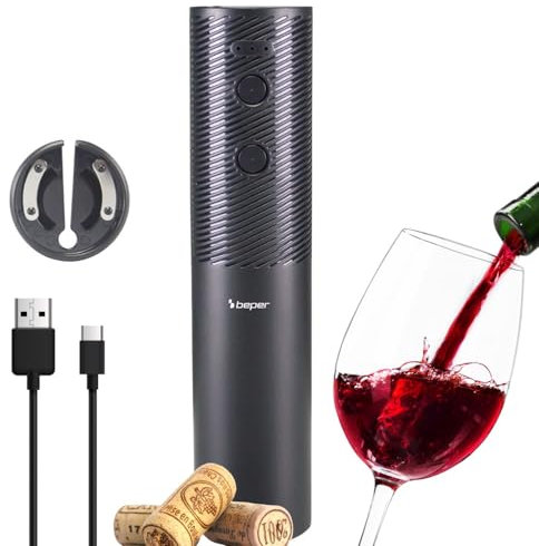 BEPER P102ACP103 Sacacorchos Eléctrico Recargable por USB, Abrebotellas de Vino, con Cortador de Láminas, para Corchos y Corchos Sintéticos
