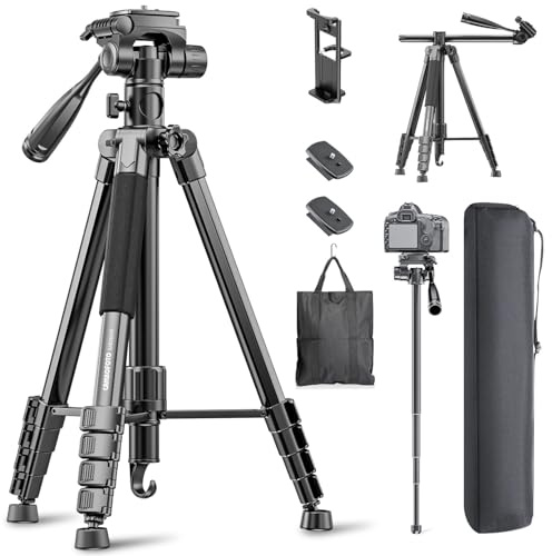 CAMBOFOTO 73 Camera Tripod and Monopod with Center Colum with Photography Sandbag, Horizontal Central Axis Professional Aluminum Tripod Stand for DSLR/Camcorder/GoPro, with Phone Holder/Travel Bag