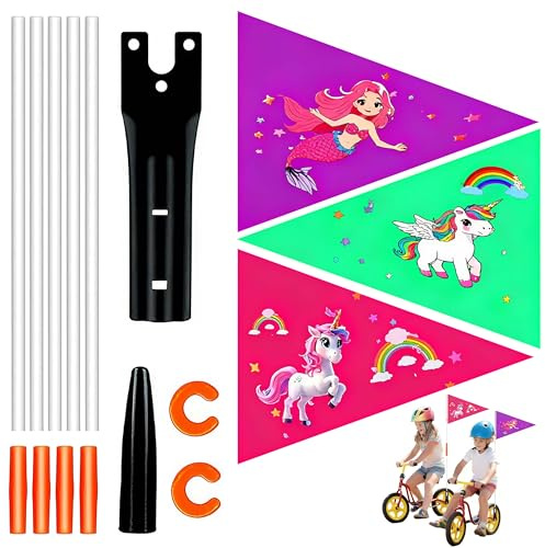 HuaCommerce 3 Stück Fahrradfahne – Auffälliges Sicherheitszubehör & Deko für Fahrräder mit Verstellbarer Wimpelstange, geeignet für Kinderfahrradausstattung （Einhorn Design）