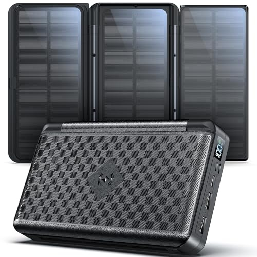 63200mAh Batterie Externe : Solaire Power Bank sans Fil avec 3 Panneaux Solaires Pliables, Charge Rapide 22.5W PD, 5 Ports, Lampe Torche, Écran LED, Chargeur Solaire pour Camping, Randonnée (Noir)