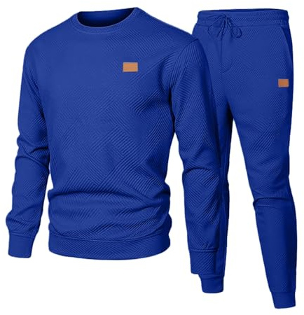 Generisch Tuta da jogging da uomo per attività all'aperto, set da 2 pezzi, pantaloni sportivi e a maniche lunghe, jacquard, traspirante, casual, tinta unita, per uomini, Blu, L