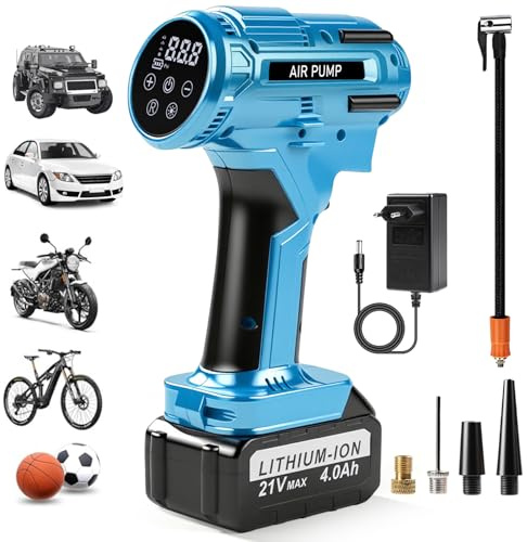 Risegun Inflador Neumáticos 150PSI, Compresor Aire Portatil Coche con Manómetro Digital, Batería 21V Recargable 4000mAh, Luz LED para coche Motos Bicicletas Pelotas