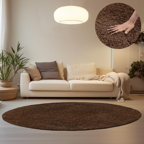HomebyHome Teppich Rund Hochflor 160 cm Rund - Shaggy Runder Teppich Wohnzimmer Braun Extra Weich und Flauschig - Waschbarer Langflor Teppiche für Schlafzimmer, Küche, Flur - Carpet, Halı, Kilim