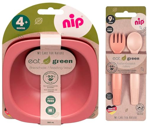 NIP öko bio Geschirrset GIRLS ab 9. Monat, 2 Breischale + Eat Green öko bio Esslernbesteck, geeignet für die Mikrowelle, Melamin frei, BPA frei, Spülmaschinenfest, made in Germany