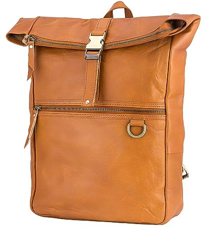 URBAN LEATHER Vintage Leder Rucksack Großer 40 cm Roll Top Rucksack Tagesrucksack Reisetasche Universitäts Büchertasche Retro Braun, Unisex