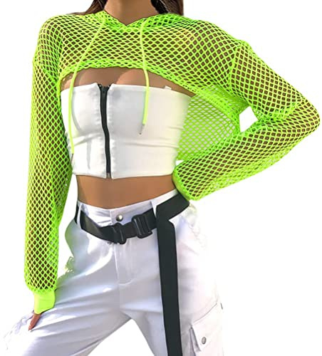 ORANDESIGNE T Shirt Sweats à Capuche Sexy Transparent Femme Résille Tops Haut de Danse Ventre Jazz Hip Hop Veste de Club Soiree Creux Chemise Manches Longues D Vert M