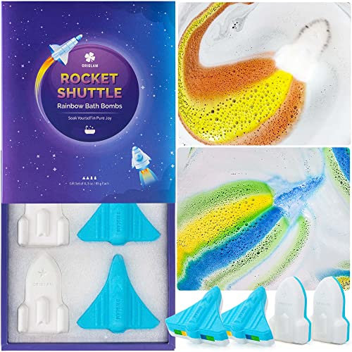 ORIGLAM Badebomben für Kinder, Kleinkinder, Space Shuttle & Rakete Badekugeln für Jungen, Regenbogen-Badebombe mit Spezialeffekt, Geburtstag/Thanksgiving/Weihnachtsgeschenke für Kinder, 85 g × 4 ct