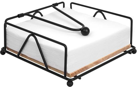 Winter Shore Flacher Serviettenhalter Schwarz Metall - Serviettenhalter Vintage mit Beschwertem Spannarm - Serviettenhalter Holz-Sockel & Eisenrahmen - Wasserdicht & Rostbeständig - 18 x 18 x 7 cm