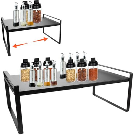 YOUNTHYE Scaffale da cucina espandibile, 35 – 65 cm, nero, da cucina, pieghevole, in metallo, impilabile, per stoviglie e forniture, più spazio di appoggio, dispensa, bagno