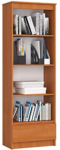 AKORD Büro-Bücherregal 60 cm 1 Schublade 4 Regale | Möbel Stehen für Dokumente Bücher für EIN Schlafzimmer Arbeitszimmer Wohnzimmer Schrank | Laminierte Platte 16 mm | Erle + Erle Front