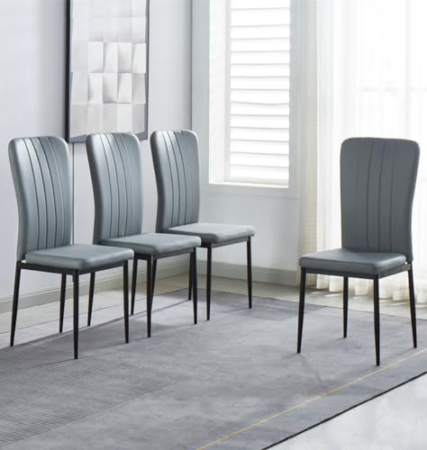 Hallowood Furniture Cullompton Dining Chairs Set of 4, Upholstered Light Grey Faux Leather Dining Chairs with Solid Back and Sturdy Black Metal Legs for Home, Office and Cafe
