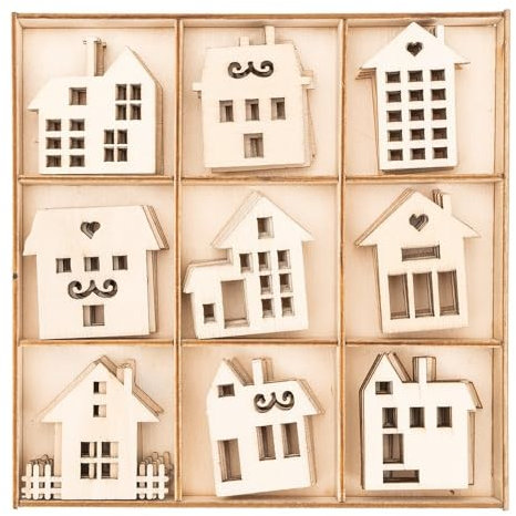 Ideen mit Herz Streu-Deko aus Holz | Holz-Motive | Häuser 2 | Tisch-Deko | Inklusive Holz-Box | 9 versch. Designs, je 7 Stück | 63-teilig