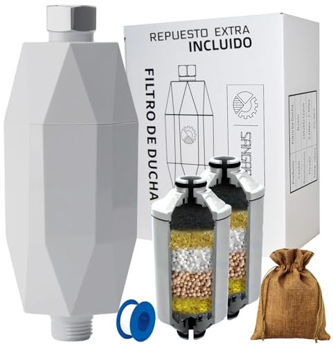 SANGARD - Filtro de Ducha - Descalcificador Ducha - Filtro Antical - 2 Repuestos Incluidos - 22.500 Litros - Filtro de Ducha para el Pelo - Filtro KDF Ducha - Ablandador Agua