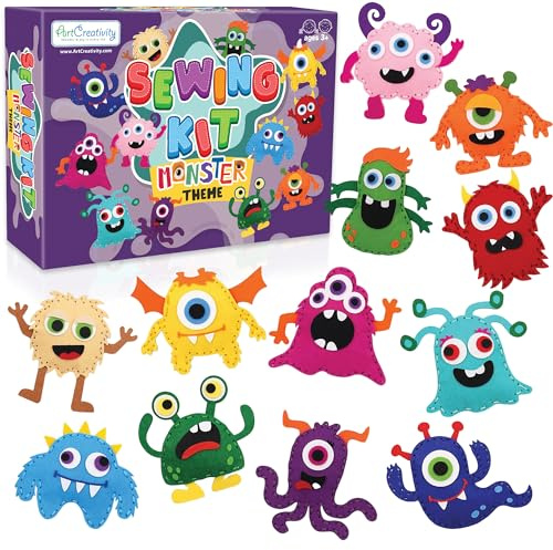 Monster Craft Sewing Kit for Kids - Sewing Craft Kit with 12 Monster Characters, 6 Child-Friendly Needles, 7 Thread Bundles, 1 Bag of Stuffing, and Scissors - Sewing Craft Ages 5 6 7 8 9 10+