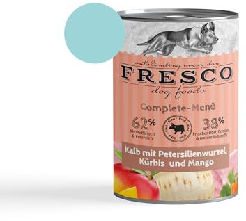 Fresco Dog Complete-Menü 6 x 400g KALB m. PETERSILIENWURZEL, KÜRBIS & Mango (haltbares B.A.R.F.) | ohne künstliche Zusätze | Getreidefrei | schonend dampfgegart