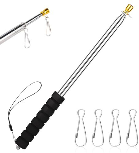 Risipu Mât de drapeau télescopique de 2,5 m, en acier inoxydable, portable, extensible et rétractable avec clip antidérapant pour guide touristique, festival, pointeur pédagogique (2,5 m, noir)