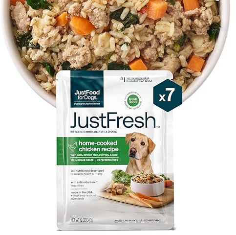 JustFoodForDogs JustFresh Wet Dog Food, Fresh Pet Meals and Toppers with No Preservatives, Resealable Package, Human Grade, Home-Cooked Chicken, 12 oz - 7 Pack