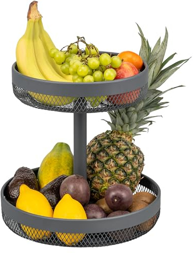 eluno 2-tier round fruit stand/bread basket, diameters of 25 cm and 30 cm, tiered stand, fruit basket, for fruit, vegetables, bread and snacks in the kitchen and living room, made of metal in grey