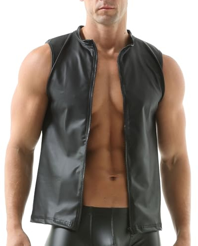 DTODWW Mens Faux Leather Hooded Vest Sleeveless Tops Activewear Tank Tops Muscle Slim Fit