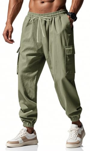 OLIPHEE Pantalones Cargo Hombre Verano Pantalones Lino Hombre Baggy Cintura Elástica con Bolsillos Pantalón de Trabajo Hombres Transpirable Casual Deportivo Playa Verano
