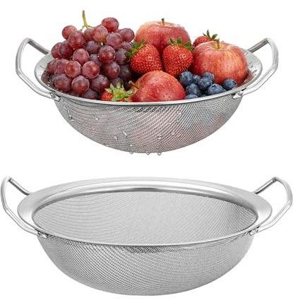 HMCEY 2 Pezzi Scolapasta in Acciaio Inox,Setaccio da Cucina con Doppio Manico,Fine Mesh Strainer,Colino Maglia Fine per Setacciare Farina,Spargi Zucchero a Velo per Pasta, Frutta, Verdura - 2 Misure