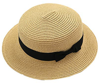 Elonglin Femme et Enfant Chapeau de Paille de Soleil Panama Capeline Chapeau Porkpie avec Nœud Papillon Beige Foncé Adulte