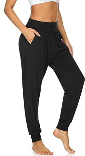 UEU Mysiga yoga joggingbyxor för kvinnor, lösa träningsbyxor, bekväma loungebyxor med fickor, Svart, M