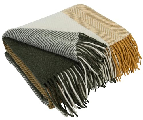 LYHome Coperta in Lana Merinos - Copriletto Plaid per Letto Divano, Singolo Una Piazza e Mezza Matrimoniale, Coperte Per Invernale Estiva Morbida Calda Grande 140x200, Verde - Giallo Senape Quadri