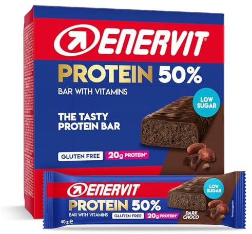 Enervit Barrita Proteica 50% Dark Choco, 20g de Proteínas, Baja en Azúcar, con Vitamina D y B6, Sabor Chocolate Negro, Para la Recuperación Después del Deporte, Sin Gluten, 12 Barritas de 40g