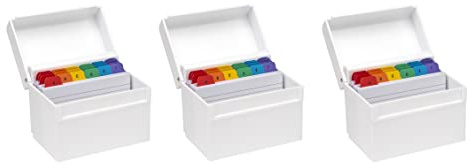 OSCO Medium White Hi-Gloss Plastic Index Box, 3 Pack, A to Z Divider Tabs, 100 Lined Revision Cards, Ruled Flash, Recipe Notes, Office Contacts Filing, Holds 6 × 4 Card (148 × 105 mm)