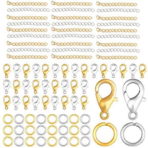ZOCONE 400 Pcs Jewelry Bracelet Clasps Kit with 100 Lobster Claw Clasps, 200 Open Jump Rings, 100 Bracelet Necklace Extender Chain Alloy Jewelry Clasps Set for DIY Craft Jewellery Making-Gold/Silver