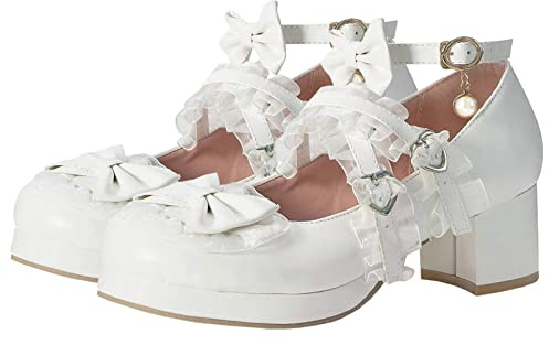 Women Cute Lolita Shoes Platform Mary Janes Kawaii Strappy Ankle Strap Sweet Pumps Lace Cross Tied Dress Pumps, Size 7 M US,White