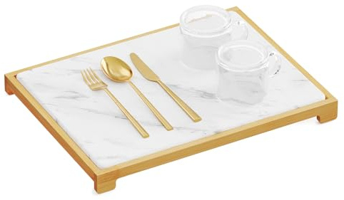 SpaceAid Bamboo Rack Dish Pad, Instant Dry Diatomaceous Earth Mat for Kitchen Counter, Stone Dish Fast Drying Mat Board (15.8 x 11.8 inch, White Marble)