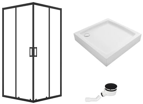 VBChome Duschkabine mit Duschwanne Quadrat Set 90x90x185 cm Schwarz Duschtasse Siphon Eckeinstieg Duschwand Schiebetür Duschabtrennung Klares Sicherheitsglas Duschtrennwand Quadrat 90x90 cm Schwarz