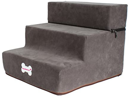Hundetreppe, 3 Stufen Hirschlederhochdichter , Haustierleiter – Haustiertreppe, Treppe für Bett, Sofa, mit waschbarem Bezug und rutschfester Unterseite – tragbare Haustierrampe für Hunde Katzen