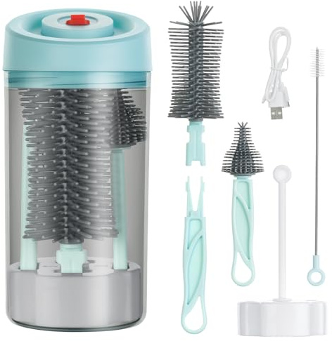 Vicloon Juego de biberones de viaje 5 en 1, cepillo portátil de silicona para biberones, popote y cepillo para chupete, caja de esterilización, estante de secado, azul