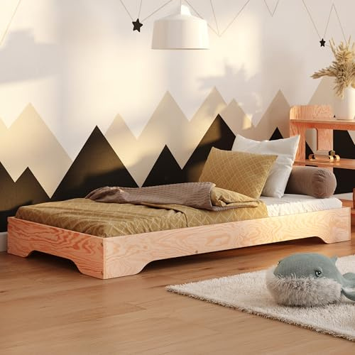 smartwood Lit Enfant 90x190 cm avec Sommier, en Bois, TILA 7 | Lit au sol, hauteur d'accès 18 cm, charge jusqu'à 230 kg, contreplaqué de pin certifié FSC, bords arrondis, montage facile