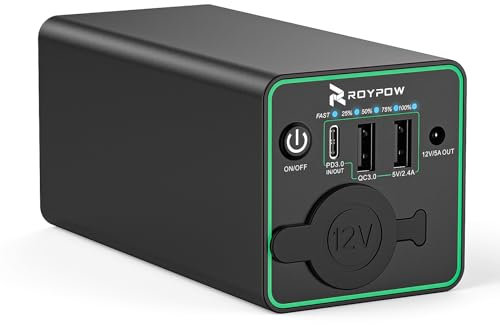 RoyPow 30W PD Portable Charger with 12V 10A Constant Voltage Cigarette Lighter Socket, 86.58Wh USB C Laptop Power Bank, 18W QC & 12V DC Battery Pack, Perfect for Dash Cam Astrophotography or Camping